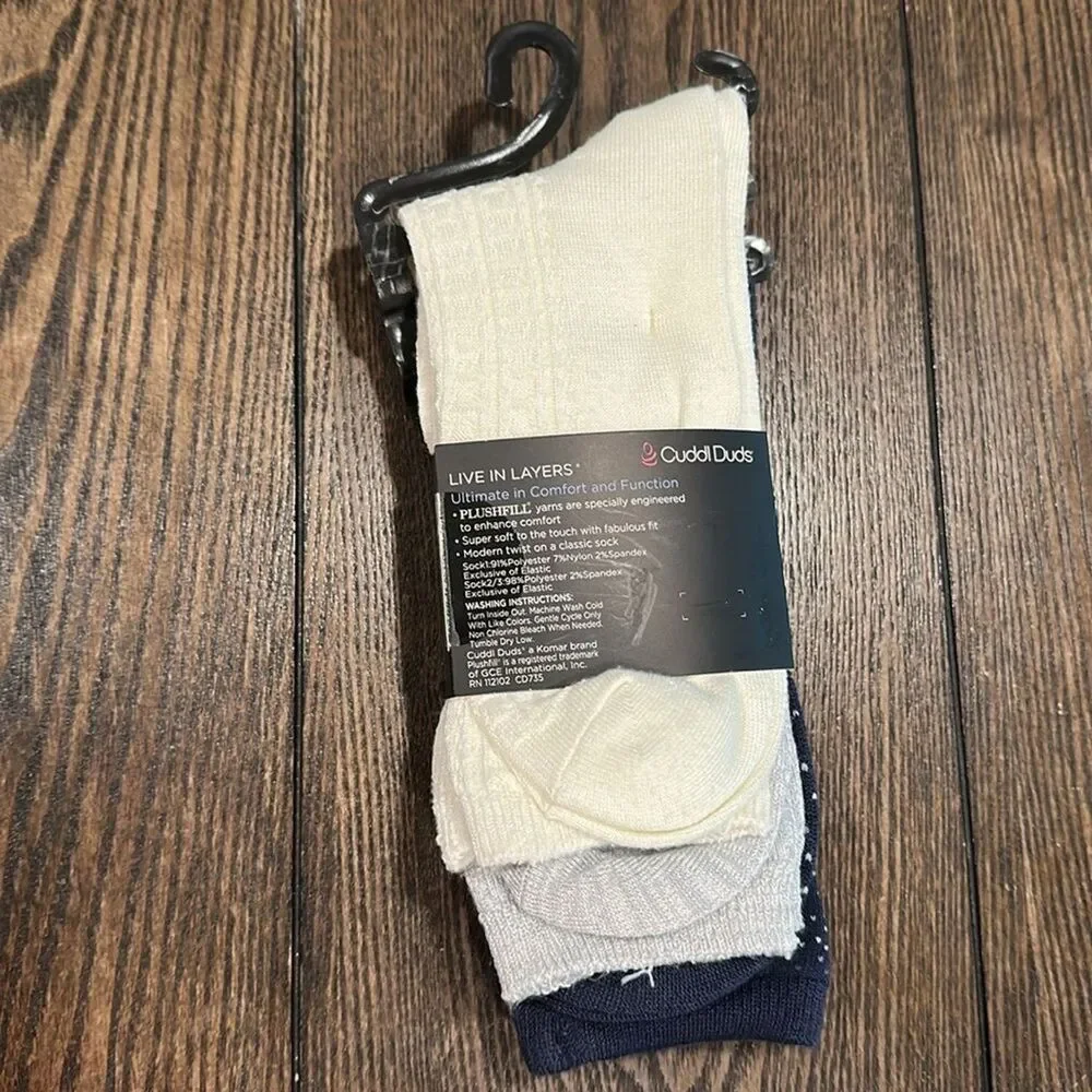 Cuddl Duds Plushfill Crew Socks 3-Pack NEW Navy Grey White Warm Cozy Size 4-10